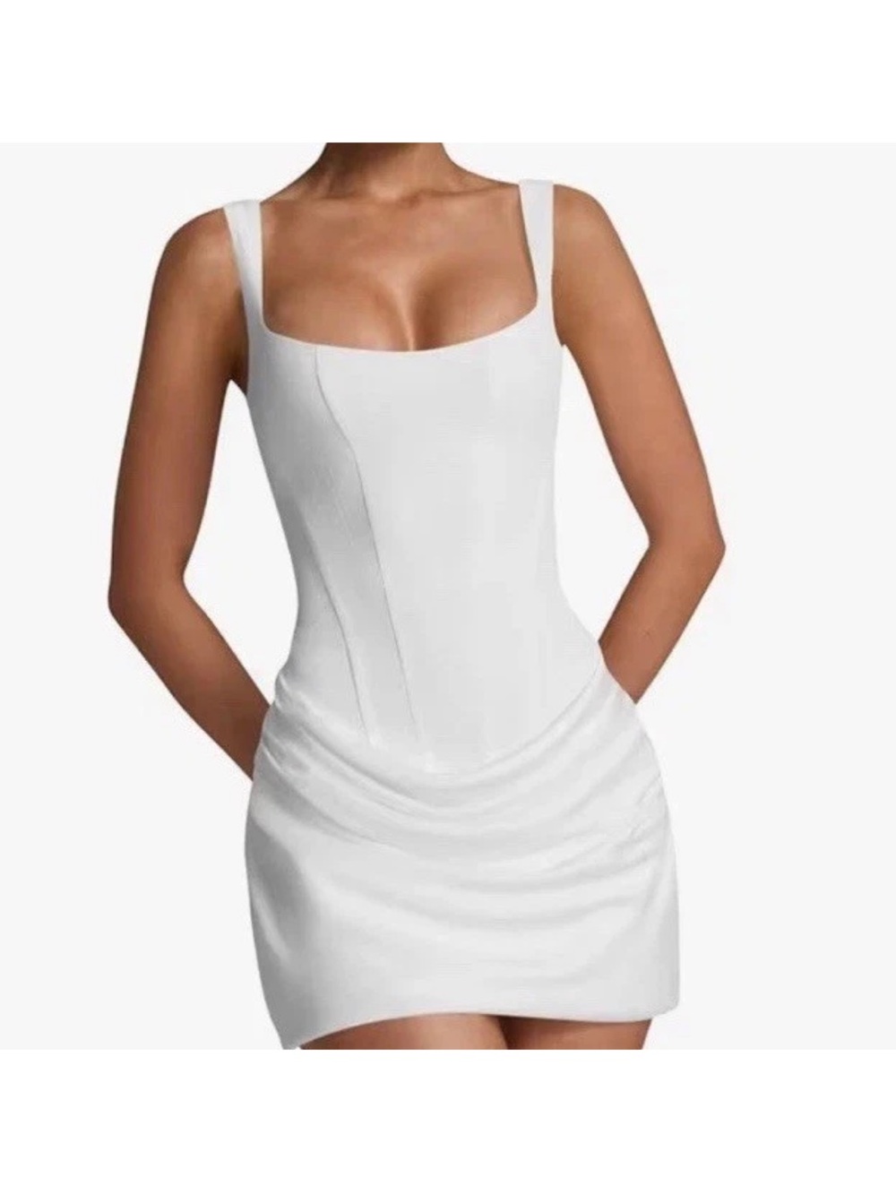 White Solid Bodycon Mini Dress S Square Neck Sleeveless Ruched Lace-Up Back